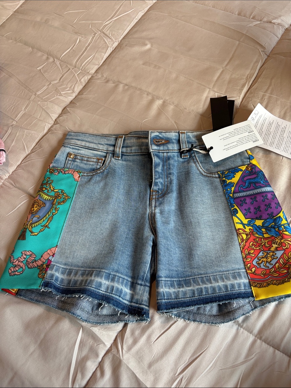 Versace Denim Short with Colorful Scarf-Panel Accents - Blue